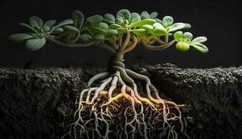 nieuw leven spruiten van gedraaid wortel macro beeld gegenereerd door ai foto