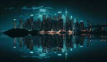 nacht stad horizon met wolkenkrabbers en architectuur reflectie Aan de water verhelderend blauw ,generatief ai foto