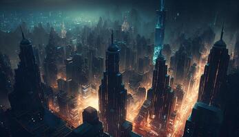 futuristische wolkenkrabbers gloed in de stad nacht horizon ,generatief ai foto