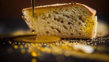 vers gebakken brood Aan houten tafel met honing gegenereerd door ai foto