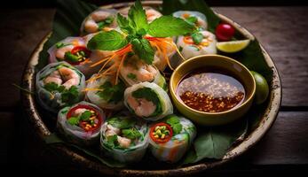 vers fijnproever lunch van zeevruchten en groente voorgerechten ,generatief ai foto