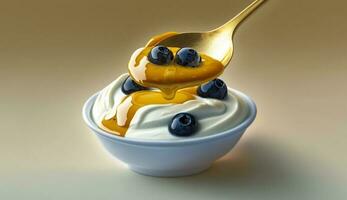 gezond yoghurt met bosbessen in wit kom ,generatief ai foto