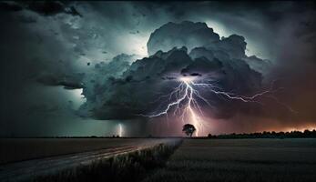 donker onweersbui over- spookachtig landschap, elektriserend lucht ,generatief ai foto