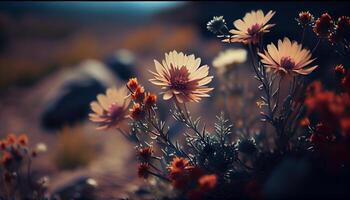 aard schoonheid Bij schemer wilde bloemen weide bloesems ,generatief ai foto