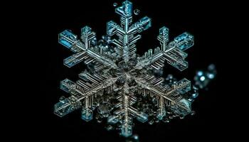 abstract sneeuwvlok decoratie, ijzig kristal patroon Aan zwart achtergrond gloeiend gegenereerd door ai foto