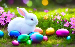 schattig konijn met kleurrijk eieren, creatief Pasen, creëren met ai gegenereerd foto