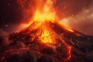 vulkanisch uitbarstingen. lava stromen naar beneden de helling. generatief ai foto