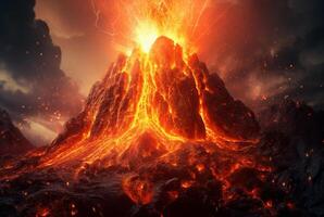 vulkanisch uitbarstingen. lava stromen naar beneden de helling. generatief ai foto
