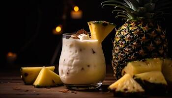 vers ananas plak in een tropisch pina colada cocktail glas gegenereerd door ai foto