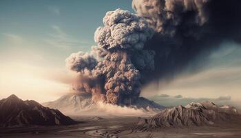berg reeks barst uit in vlammen, veroorzaken milieu schade en verwoesting gegenereerd door ai foto