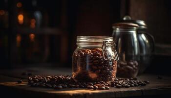 vers grond donker gebraden koffie bonen in rustiek houten pot gegenereerd door ai foto