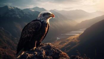 de majestueus kaal adelaar neerstrijken Aan berg top Bij zonsondergang gegenereerd door ai foto