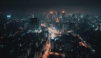 de verlichte financieel wijk horizon gloeit in de nacht lucht gegenereerd door ai foto