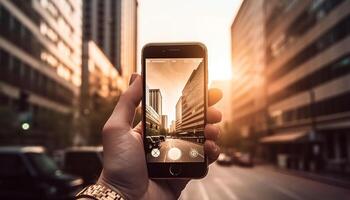 een zakenman Holding een slim telefoon, fotograferen de stedelijk horizon gegenereerd door ai foto