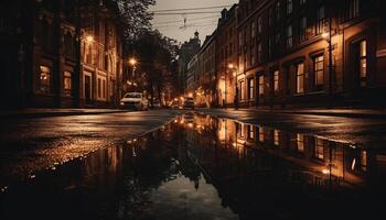 de oud fashioned lantaarn verlichte de nat stad straat Bij schemer gegenereerd door ai foto
