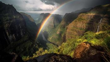 majestueus berg reeks pronkt regenboog na regenen, een rustig tafereel gegenereerd door ai foto