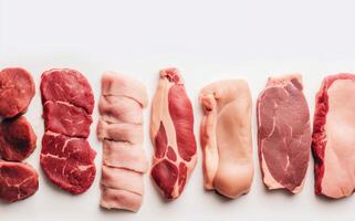 reeks van verschillend types van rauw vlees. top visie Aan de tafel. wit achtergrond. ai gegenereerd. foto