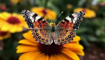 levendig vlinder bestuift multi gekleurde bloem in natuurlijk schoonheid buitenshuis gegenereerd door ai foto