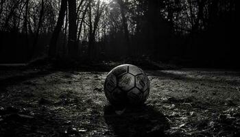 spelen voetbal in de verlaten Woud, schoppen zwart bal Aan gras gegenereerd door ai foto