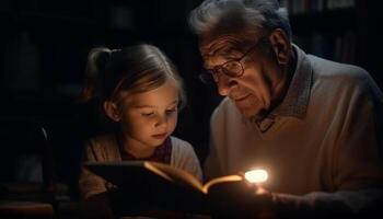 een multi generatie familie bonding over- literatuur in hun leven kamer gegenereerd door ai foto