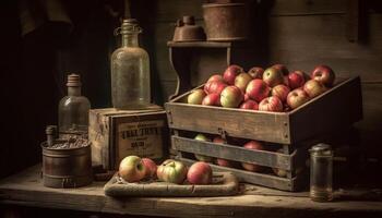 rijp fruit in rustiek krat, een gezond herfst oogst tafereel gegenereerd door ai foto