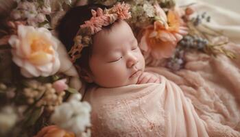 pasgeboren baby meisje slapen vredig omringd door mooi natuur en familie gegenereerd door ai foto