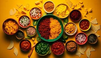 een kleurrijk verzameling van specerijen en kruiden voor gezond Koken gegenereerd door ai foto