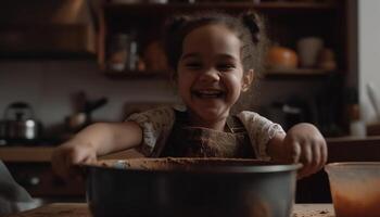 schattig meisje aan het leren bakken, menging deeg met vreugde in keuken gegenereerd door ai foto