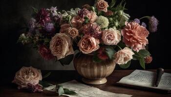 een rustiek boeket van vers bloemen Aan een houten tafel gegenereerd door ai foto