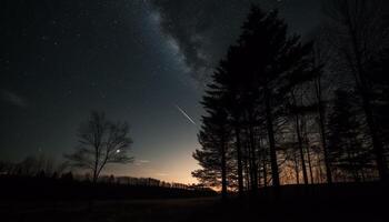 silhouet van pijnboom boom tegen sterrenhemel melkachtig manier nacht lucht gegenereerd door ai foto