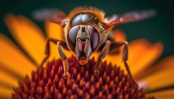 een geel bij bestuift een single bloem in macro dichtbij omhoog gegenereerd door ai foto