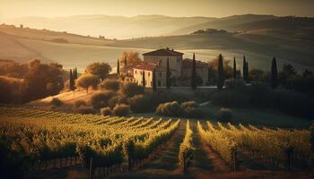 rustig dageraad in chianti regio, rustiek boerderij temidden van wijngaard landschap gegenereerd door ai foto