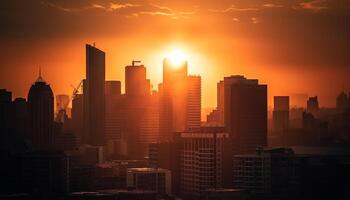silhouet van wolkenkrabbers tegen oranje zonsondergang, iconisch stadsgezicht verlichte gegenereerd door ai foto