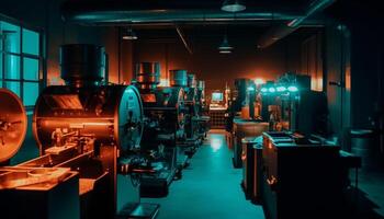 geautomatiseerd productie lijn in een glimmend staal fabriek verlicht machinerie gegenereerd door ai foto