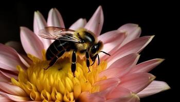 een bezig honing bij bestuift een single geel bloem gegenereerd door ai foto