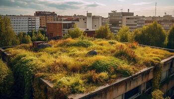 zonsondergang over- modern wolkenkrabbers, natuur schoonheid in stedelijk architectuur gegenereerd door ai foto