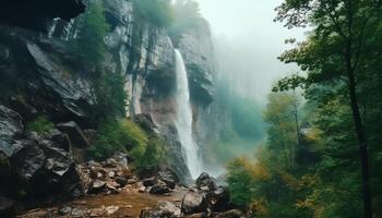 rustig tafereel van majestueus berg reeks in tropisch regenwoud avontuur gegenereerd door ai foto