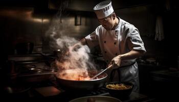 een geschoold chef bereidt zich voor fijnproever maaltijd in reclame keuken, glimlachen gegenereerd door ai foto