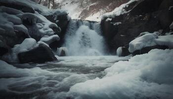 bevroren berg bereik, majestueus schoonheid in natuur, rustig winter landschap gegenereerd door ai foto