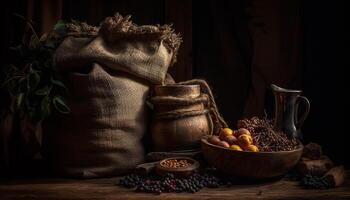 rustiek jute zak houdt vers biologisch koffie bonen voor slijpen gegenereerd door ai foto