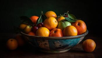 een rustiek fruit kom gevulde met sappig, biologisch citrus fruit gegenereerd door ai foto