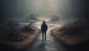 een persoon wandelen in mistig Woud, een mysterieus herfst avontuur gegenereerd door ai foto
