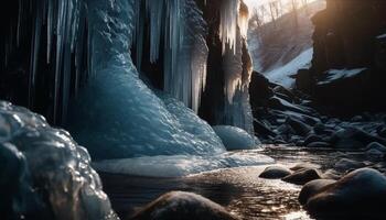 rustig tafereel bevroren schoonheid in natuur, berg reeks reflecterend zonsondergang gegenereerd door ai foto