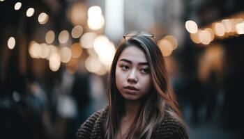 een jong, mooi vrouw glimlachen Bij de camera buitenshuis Bij nacht gegenereerd door ai foto