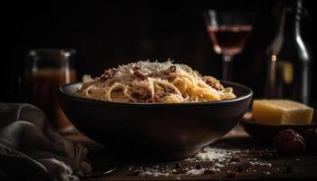 een fijnproever Italiaans maaltijd met pasta, wijn, en Parmezaanse kaas kaas gegenereerd door ai foto