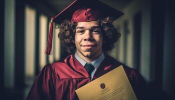 een geslaagd volwassen, Holding diploma, glimlachen met trots Bij diploma uitreiking gegenereerd door ai foto