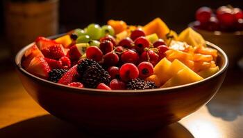 sappig BES salade Aan rustiek hout bord, een verfrissend voorafje gegenereerd door ai foto