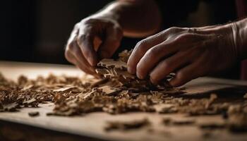 een Mens vaardig hand- bereidt zich voor eigengemaakt chocola toetje in keuken gegenereerd door ai foto