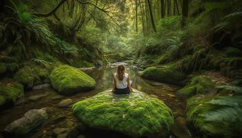 een vrouw mediteert Aan een klif, omringd door rustig natuur gegenereerd door ai foto