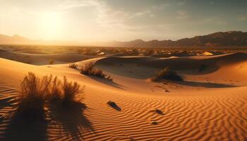 rustig zonsondergang over- golfde zand duinen in dor Afrika gegenereerd door ai foto